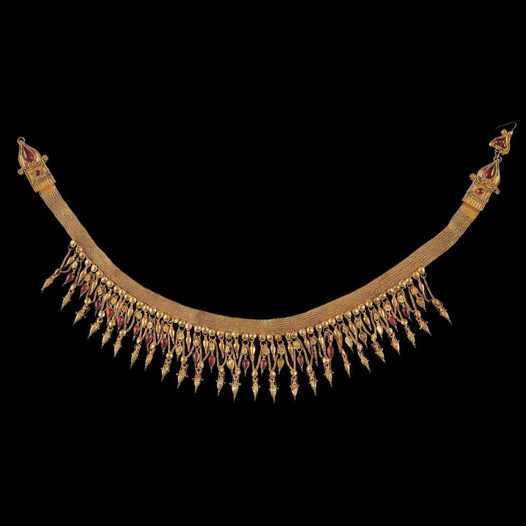 Ancient Greek gold strap loop-in-loop chain with rows of leaves, seeds, and amphora shaped pendants in the Benaki Museum