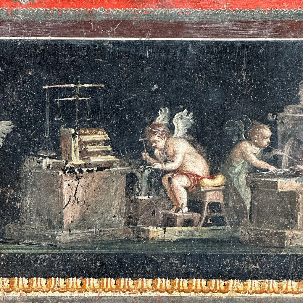 Fragment from the Frieze of the Cupids from the House of the Vettii in ancient Pompeii showing cupids working as goldsmiths