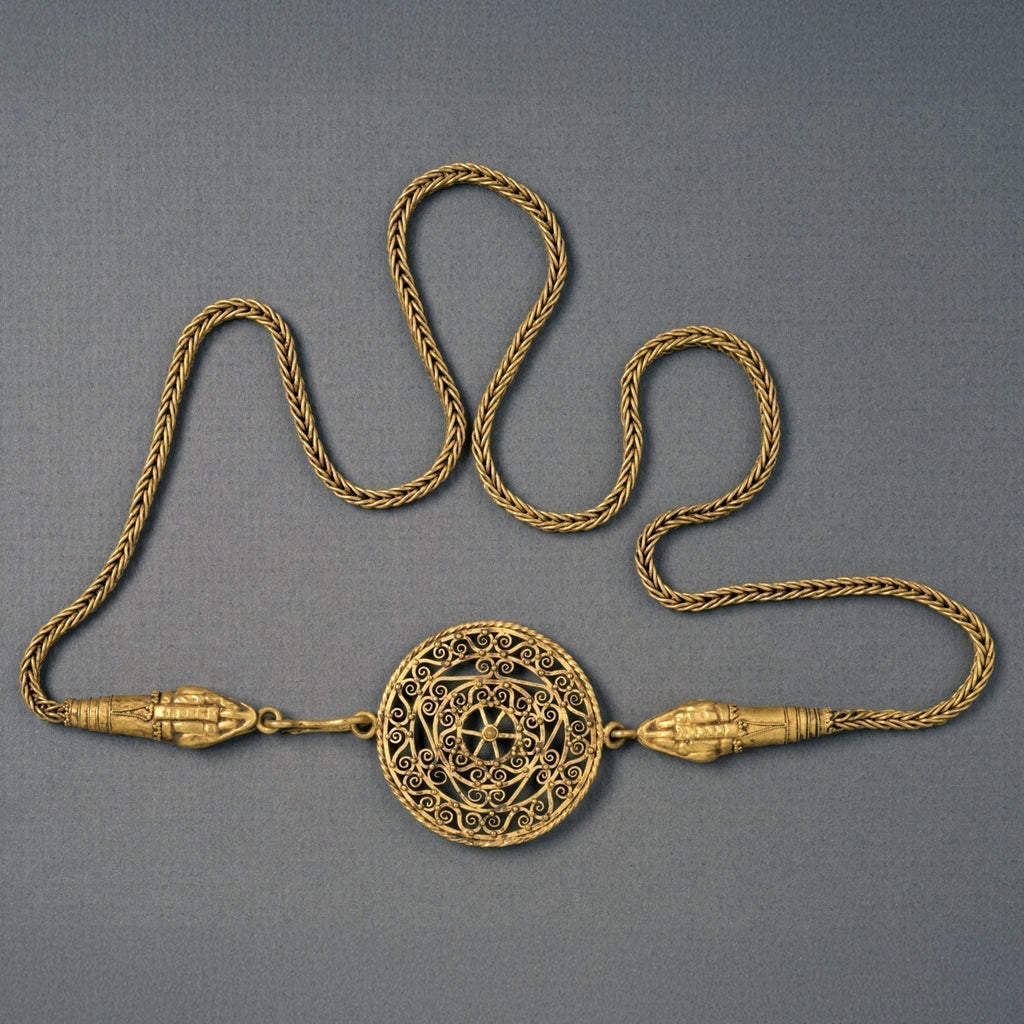 Ancient Roman gold loop-in-loop chain terminating in snakes’ heads with disc at clasp in the Walters Art Museum