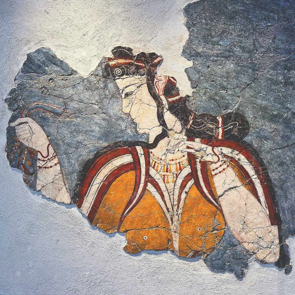 Fresco wall painting of a woman wearing a headdress and multiple amber necklaces and bracelets from the Acropolis of Mycenae