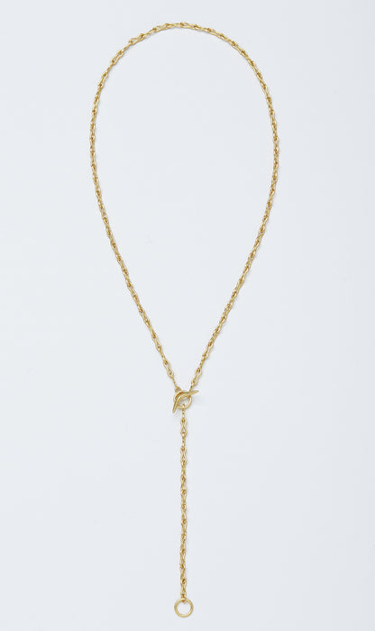 Ancilia Chain by Alexis Menten with 20k gold figure eight ancient style links handmade in shown as a lariat from the front