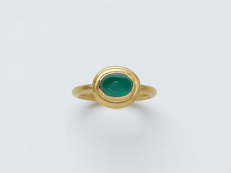 Hellenistic Ring by Alexis Menten handmade in an ancient style with 22k gold and an emerald shown from the front