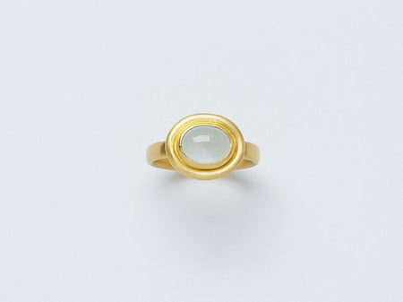 Thyra Ring by Alexis Menten handmade in an ancient style with 22k gold and aquamarine shown from the front